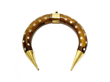 Load image into Gallery viewer, Crescent Moon Pendant Natural Bone 3" Double tusk Gold Capped dark brown with white dots - TP235 - BeadPrism
