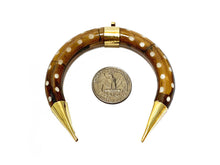 Load image into Gallery viewer, Crescent Moon Pendant Natural Bone 3" Double tusk Gold Capped dark brown with white dots - TP235 - BeadPrism
