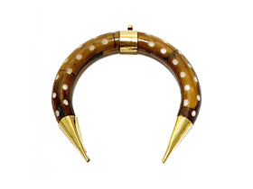 Crescent Moon Pendant Natural Bone 3" Double tusk Gold Capped dark brown with white dots - TP235 - BeadPrism