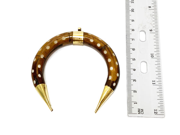 Crescent Moon Pendant Natural Bone 3" Double tusk Gold Capped dark brown with white dots - TP235 - BeadPrism