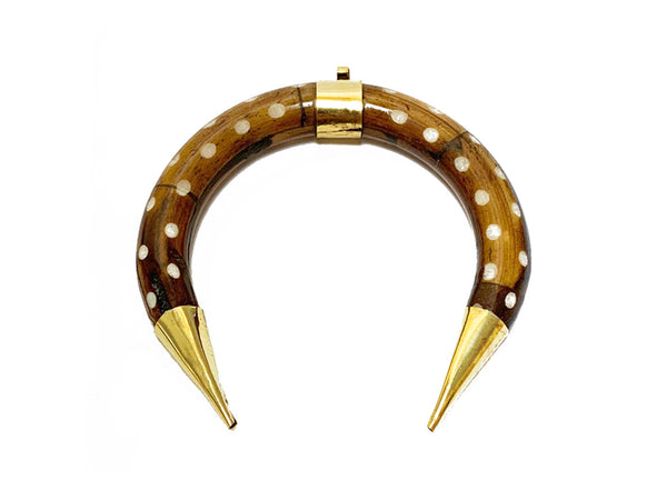 Crescent Moon Pendant Natural Bone 3" Double tusk Gold Capped dark brown with white dots - TP235 - BeadPrism