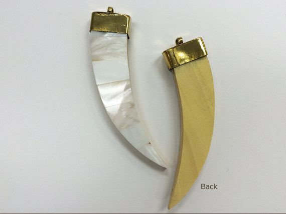 Boho Tusk pendant, Mother of Pearl Inlay, Brass cap, 87mm, Tibetan handcrafted Tusk pendant - AP152G - BeadPrism