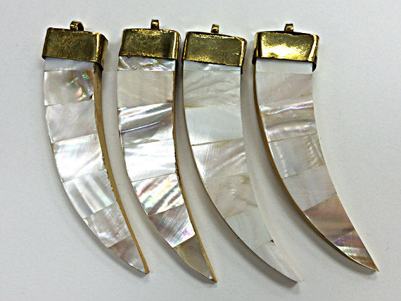 Boho Tusk pendant, Mother of Pearl Inlay, Brass cap, 87mm, Tibetan handcrafted Tusk pendant - AP152G - BeadPrism