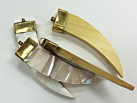 Boho Tusk pendant, Mother of Pearl Inlay, Brass cap, 87mm, Tibetan handcrafted Tusk pendant - AP152G - BeadPrism