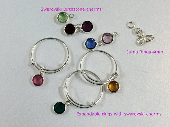 Expandable Wire Ring Adjustable .925 Sterling Silver 18 gauge 2.4" Swarovski Birthstone Charm - SRF2 - BeadPrism