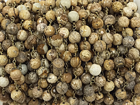 10 Feet 8mm Picture Jasper Faceted Round Gemstone Chain By foot, Antique Gold Wire - CH230-10 - BeadPrism