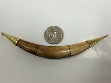 Load image into Gallery viewer, Real Bone Tusk Pendant Double capped w/ 2 sideway loop antiqued brown gold Hand made 5.5" - TP152-AG - BeadPrism