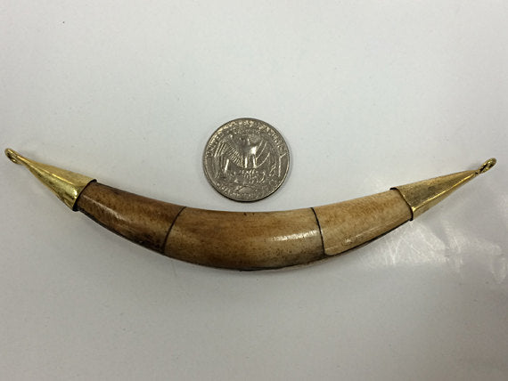 Real Bone Tusk Pendant Double capped w/ 2 sideway loop antiqued brown gold Hand made 5.5" - TP152-AG - BeadPrism