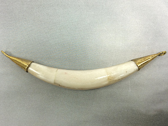 Real White Bone Tusk Pendants Double capped w/ 2 side way loops Antigue Gold Hand made 5.5"-TP152-WG - BeadPrism