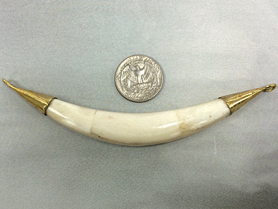 Real White Bone Tusk Pendants Double capped w/ 2 side way loops Antigue Gold Hand made 5.5"-TP152-WG - BeadPrism