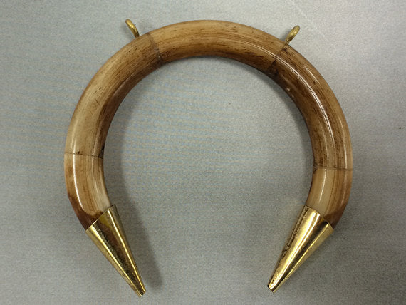 Real Bone Crescent moon Pendant, 3" Double tusk, 2 loops, Gold Capped, Antiqued brown - TP151-AG - BeadPrism