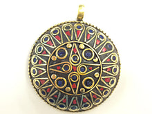 Load image into Gallery viewer, Tibetan Pendant Lapis Coral inlay 2 Inch Gold Brass Plated - Large TPxx-B - BeadPrism
