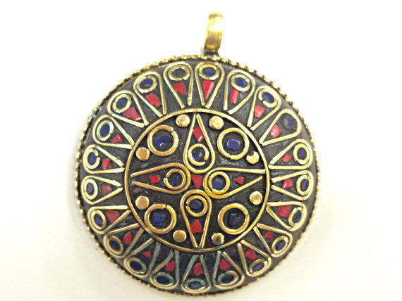 Tibetan Pendant Lapis Coral inlay 2 Inch Gold Brass Plated - Large TPxx-B - BeadPrism