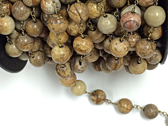 3 Feet 10mm Picture Jasper Round Gemstone Chain By foot, Picture Jasper chains, Gold Wire - CH231-3 - BeadPrism