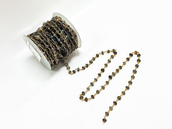 Labodorite wire wrapped chain, 5-6mm faceted Gold Plated wire, Rosary Chain 1 Foot - CHGS-LBGW - BeadPrism