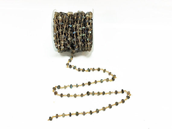 Labodorite wire wrapped chain, 5-6mm faceted Gold Plated wire, Rosary Chain 1 Foot - CHGS-LBGW - BeadPrism