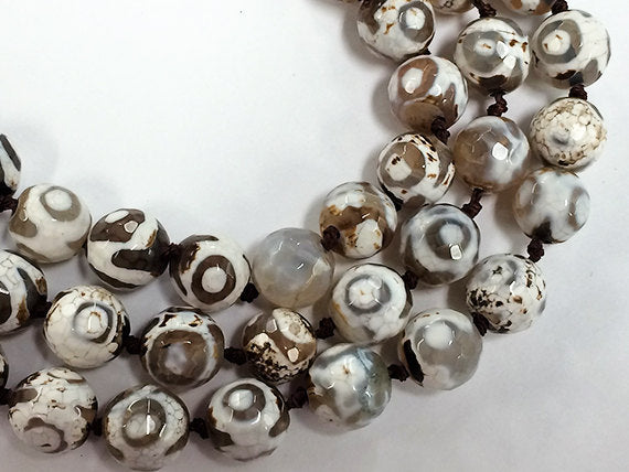 10mm Tibet Agate White Ivory Grey Cream Brown Gemstones faceted Full 14" Strand 38 Beads - SAGT154A - BeadPrism