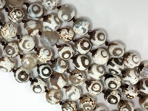 10mm Tibet Agate White Ivory Grey Cream Brown Gemstones faceted Full 14" Strand 38 Beads - SAGT154A - BeadPrism
