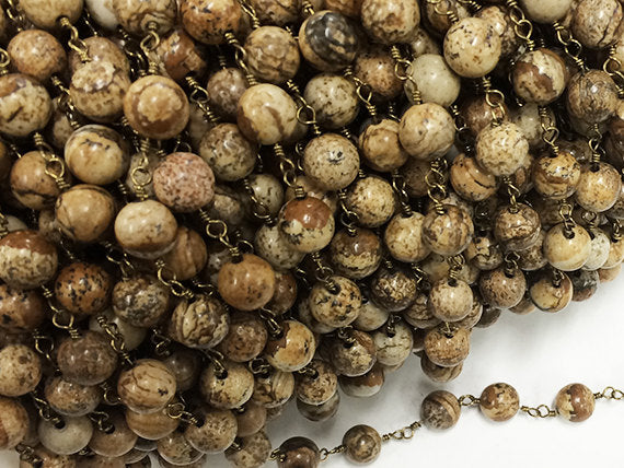 10 Feet 8mm Picture Jasper Smooth Round Gemstone Chain By foot, Antique Gold Wire Chains - CH251-10 - BeadPrism