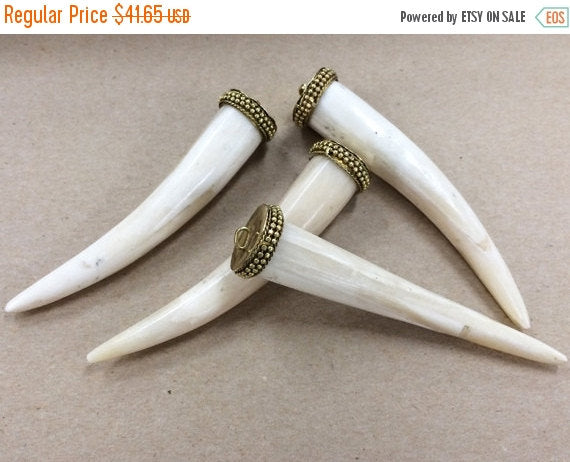 On SALE 5 Pcs Bone Horn Tusk tooth Pendant with Brass Cap Antique ivory Extra Large 4 Inch - TP120-5 - BeadPrism