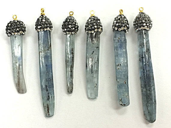 Raw Natural  Kyanite Pendant with Pave set Black quartz zircon crystal cap, 2.2" - 2.6" - BeadPrism