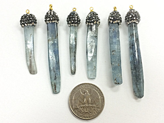 Raw Natural  Kyanite Pendant with Pave set Black quartz zircon crystal cap, 2.2" - 2.6" - BeadPrism
