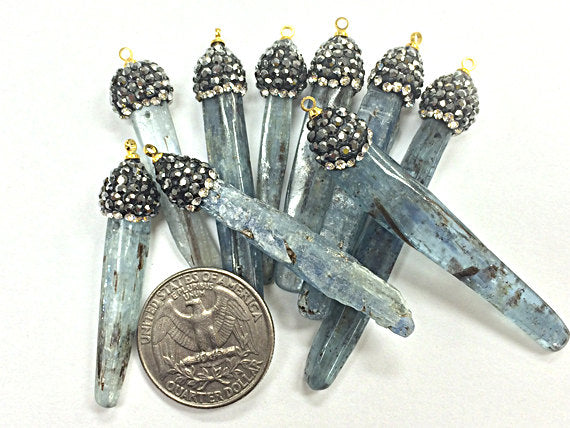 Raw Natural  Kyanite Pendant with Pave set Black quartz zircon crystal cap, 2.2" - 2.6" - BeadPrism