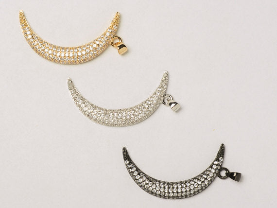 CZ Pave Pendant Crescent Moon, Gold, Rhodium and Gunmetal Finish 39mm x 20mm, Choose Color- BMP31 - BeadPrism