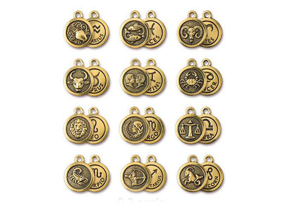Choose Your  Zodiac Sign Charm Drop Antiqued Gold Plated Pewter TierraCast  - P2491G-XX - BeadPrism
