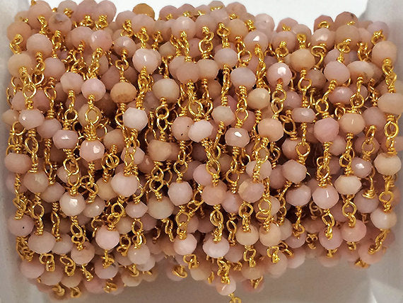 Rose Opal Rosary Chain, 3.5mm Faceted Rondelles, Gold Plated Wire Wrapped Chain 1 Foot - CH235 - BeadPrism