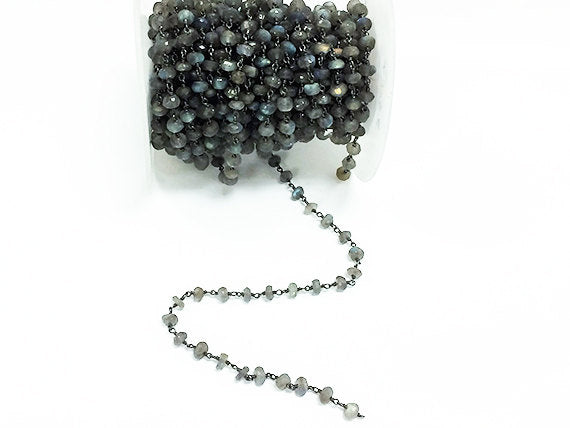 Labodorite wire wrapped chain 6mm faceted Gun metal color wire Rosary Chain 1 Foot - CHGS-LBGM - BeadPrism
