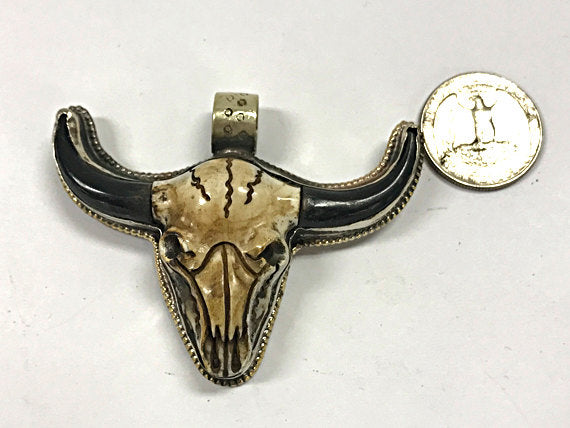 Nepal Cattle Skull 2" Longhorn Buffalo Pendant, Western Cowboy Charm, detail work on back - AP459 - BeadPrism