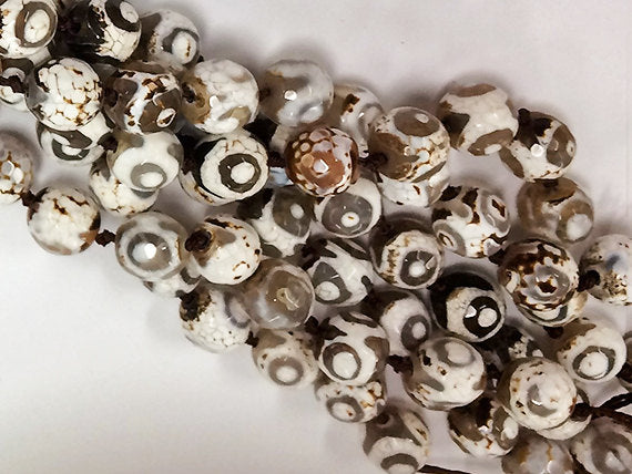 10mm Tibet Agate White Ivory Grey Cream Brown Gemstones faceted Full 14" Strand 38 Beads - SAGT154A - BeadPrism