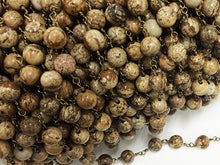 Load image into Gallery viewer, 1 Foot 8mm Picture Jasper Smooth Round Gemstone Chain By foot, Antique Gold Wire Chains - CH250 - BeadPrism