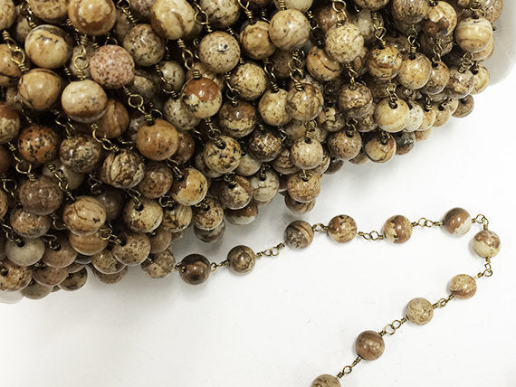 1 Foot 8mm Picture Jasper Smooth Round Gemstone Chain By foot, Antique Gold Wire Chains - CH250 - BeadPrism