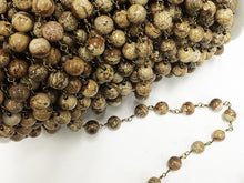 Load image into Gallery viewer, 1 Foot 8mm Picture Jasper Smooth Round Gemstone Chain By foot, Antique Gold Wire Chains - CH250 - BeadPrism