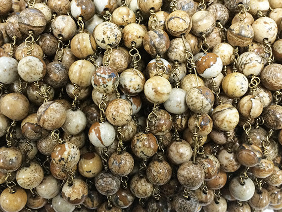 10 Feet 8mm Picture Jasper Smooth Round Gemstone Chain By foot, Antique Gold Wire Chains - CH251-10 - BeadPrism