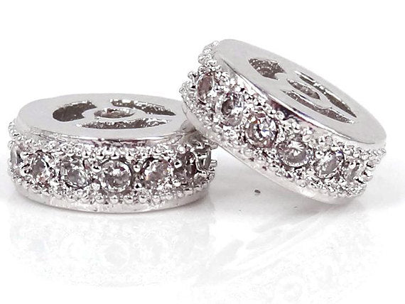 8mm Rondelles Micro Pave Crystal Cubic Zirconia Wheel Spacers, Choose color, 0.8mm Hole - BMP8RDL - BeadPrism