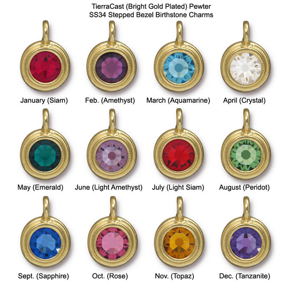 12pcs TierraCast Bezel Charms w/ SS34 Swarovski Birthstone Crystals Gold Plated -BS6750G-set12 - BeadPrism