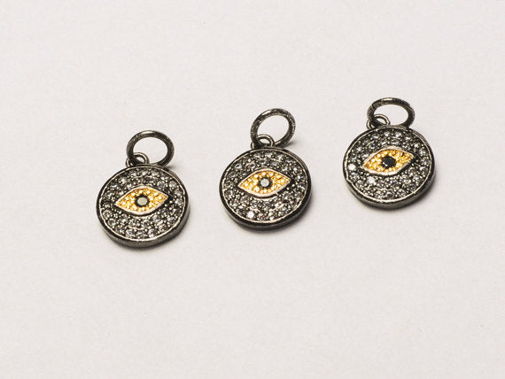 16mm Evil Eye Disc CZ Pave Pendant, Gold, Gunmetal finish AAA quality evil eye pave pendants - BMP24 - BeadPrism