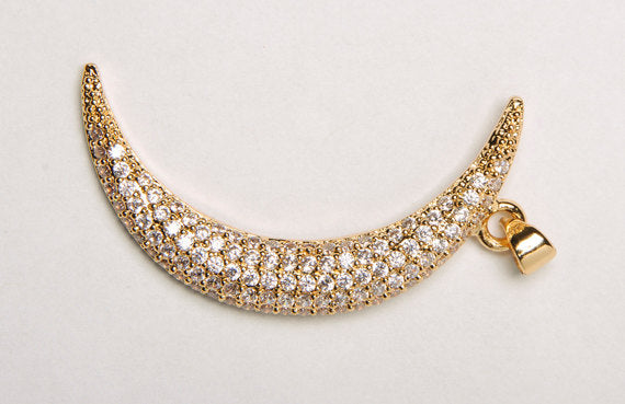 CZ Pave Pendant Crescent Moon, Gold, Rhodium and Gunmetal Finish 39mm x 20mm, Choose Color- BMP31 - BeadPrism