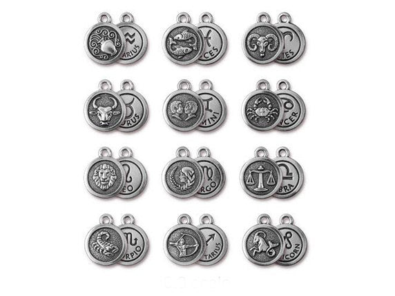 12 pc Set Zodiac Sign Charm Drops Antiqued Silver Plated Pewter TierraCast collection - P2491S-Set12 - BeadPrism