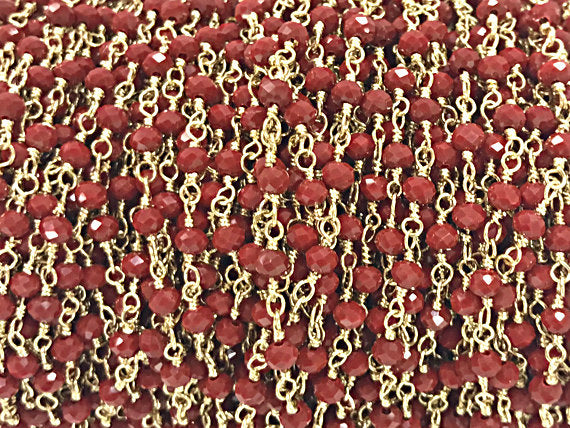 10 Feet 4mm Red Crystal Gold Brass Wire Wrapped Chain by Foot, Rosary Bead Chain - CH252-10 - BeadPrism
