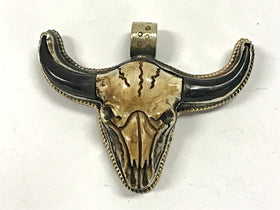 Nepal Cattle Skull 2" Longhorn Buffalo Pendant, Western Cowboy Charm, detail work on back - AP459 - BeadPrism