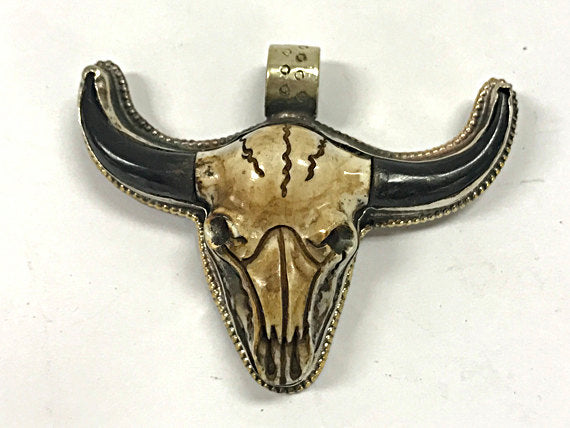 Nepal Cattle Skull 2" Longhorn Buffalo Pendant, Western Cowboy Charm, detail work on back - AP459 - BeadPrism