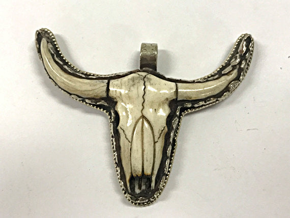 Nepal Cattle Skull 2.5" Longhorn Buffalo Pendant Nepalese, Cowboy charm, detail work on back - AP459 - BeadPrism