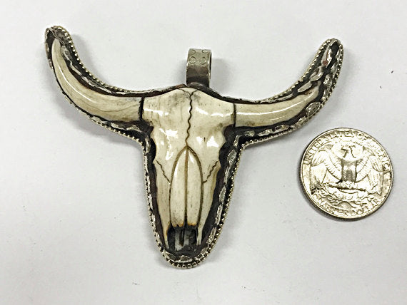 Nepal Cattle Skull 2.5" Longhorn Buffalo Pendant Nepalese, Cowboy charm, detail work on back - AP459 - BeadPrism