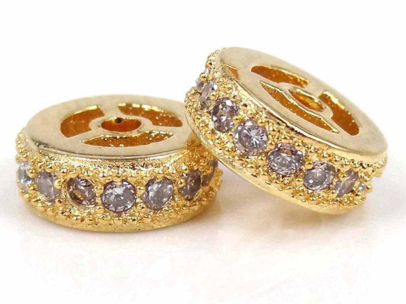 10mm Rondelles Micro Pave Crystal Cubic Zirconia Wheel Spacers Choose color CZ Beads 0.8mm Hole - BM - BeadPrism