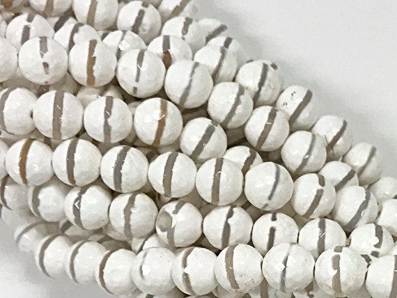 10mm Tibet Agate Hand Painted White Ivory Grey Gemstones faceted Full 15" Strand 38 Beads - SAGT356 - BeadPrism