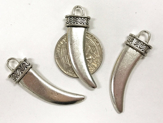 10 Pc Tusk Charm Silver, 42mm x 13mm, 1.5+", Pewter Horn tusk Charm Antique Silver Finish - PP179 - BeadPrism